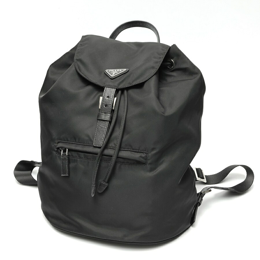 【中古】 プラダ / PRADA うしろ側風呂敷き包み / 背嚢 1BZ032 ナイロン/サフィアーノレザー 黒いこと 引き下げ