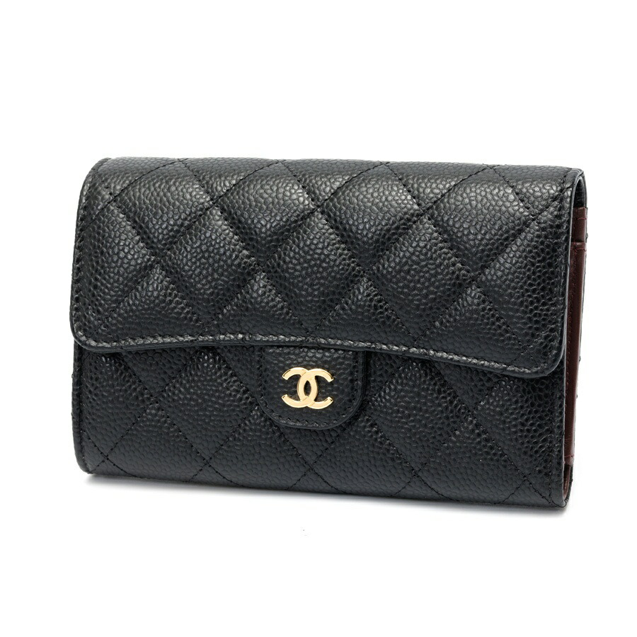 【中古】 シャネル / CHANEL マトラッセ 並み並み フラップウォレット 三つ折り金入れ AP0232 キャビアひと肌 黒いこと/ゴールド金具 新入荷