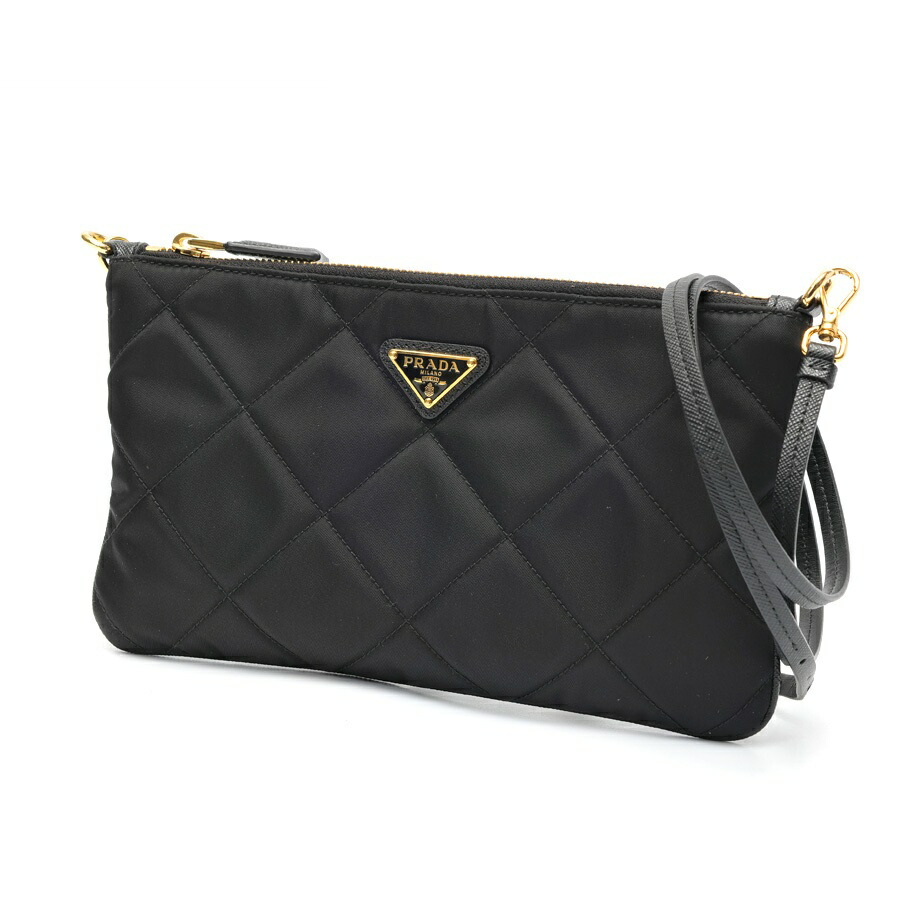 【中古】 プラダ / PRADA Re-Nylon × サフィアーノレザー 肩肉合切袋 キルティング ナイロン 黒いこと/ゴールド金具 新入荷