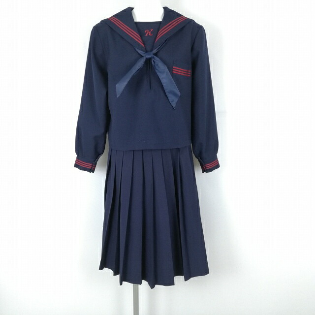 セーラー服 スコート えり巻き 上下3点書き割り 大層らしい大きさ 冬物 赤3幹線 お嬢さん 大学生服 兵庫稲美北中学校 紺 ユニフォーム 中古 位置づけるC EY8139