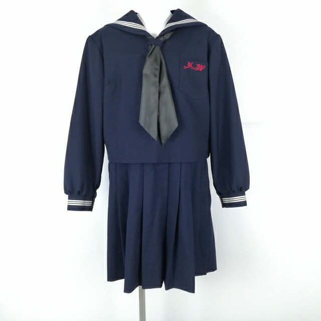 セーラー服 前掛けスコート えり巻き 上下3点書き割り 大層らしい大きさ 特大 冬物 白3幹線 兵庫加古川東上級高等学校 紺 中古 位置づけるC EY8146