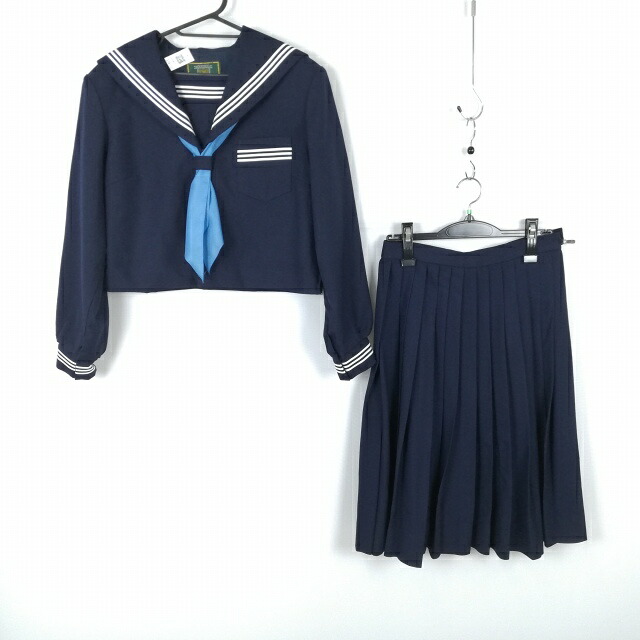 セーラー服 スコート えり巻き 上下3点書き割り XL 大層らしい大きさ 冬物 白3幹線 お嬢さん 大学生服 中学校 上級高等学校 紺 ユニフォーム 中古 位置づけるC EY8153