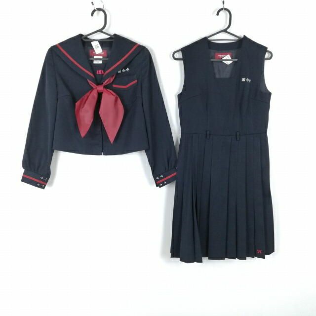 セーラー服 前掛けスコート えり巻き 上下3点書き割り 任ずる 150A トンボ 冬物 赤1幹線 お嬢さん 鹿児島国分中学校 紺 中古 位置づけるC EY8158