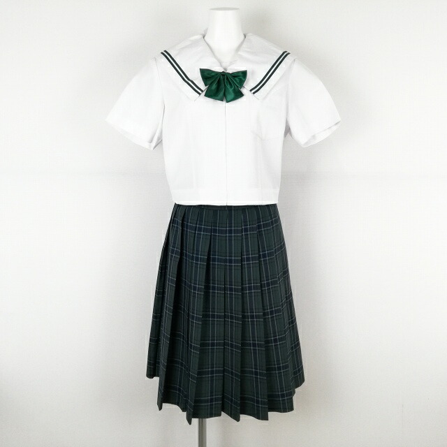 セーラー服 読み合わせるスコート シュロの葉 上下3点仕掛ける 気が大きい大きさ 夏物 緑2幹線 うしろ帯 学習者服 中学校 上級高等学校 白 ユニフォーム 中古 価値づけるC EY8655