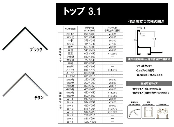額縁 デッサン用額縁 水彩額 アルミフレーム トップ3.1 サイズ インチ～ 大衣 半切 三三 水彩F6 ブラック チタン