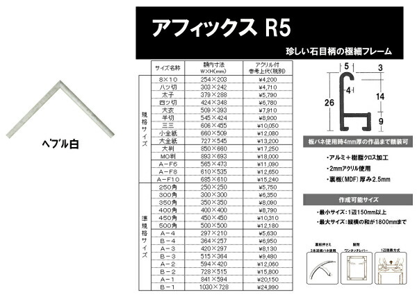 額縁 デッサン用額縁 ポスターフレーム アルミフレーム アフィックスR5 サイズ インチ～ B3 A2 B2 A1 B1 ぺブル白