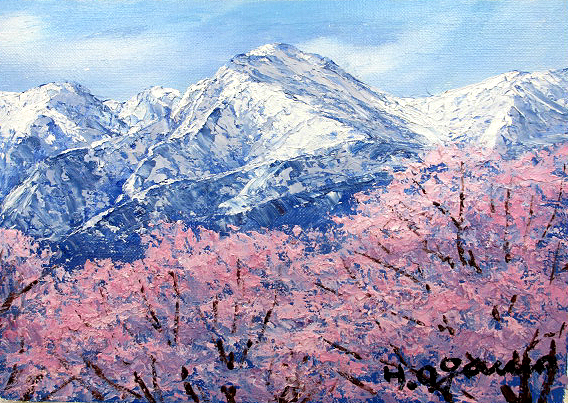 油絵 肉筆絵画 P20サイズ 「常念岳に桜」 小川 久雄 木枠付 -新品 ...