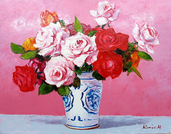 油絵 肉筆絵画 F20サイズ 「薔薇 (横)」 半澤 国雄 木枠付 -新品