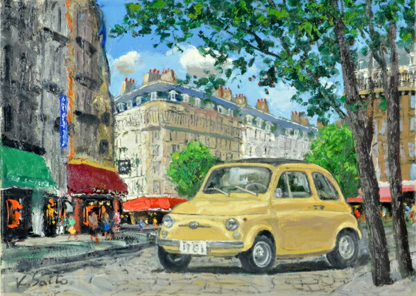 日本の名画 絵画 油絵 肉筆絵画 SMサイズ NO.17 「パリ(yellow car)」 斎藤 要 木枠付 -新品