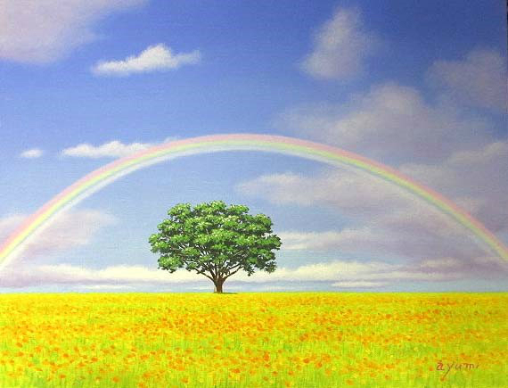 楽天市場】油絵 肉筆絵画 F4サイズ 「虹のある風景2」 白鳥 あゆみ 木 
