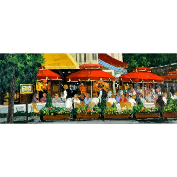 日本の名画 絵画 油絵 肉筆絵画 WSMサイズ NO.21 「シャンゼリゼのカフェ」 斎藤 要 木枠付 -新品