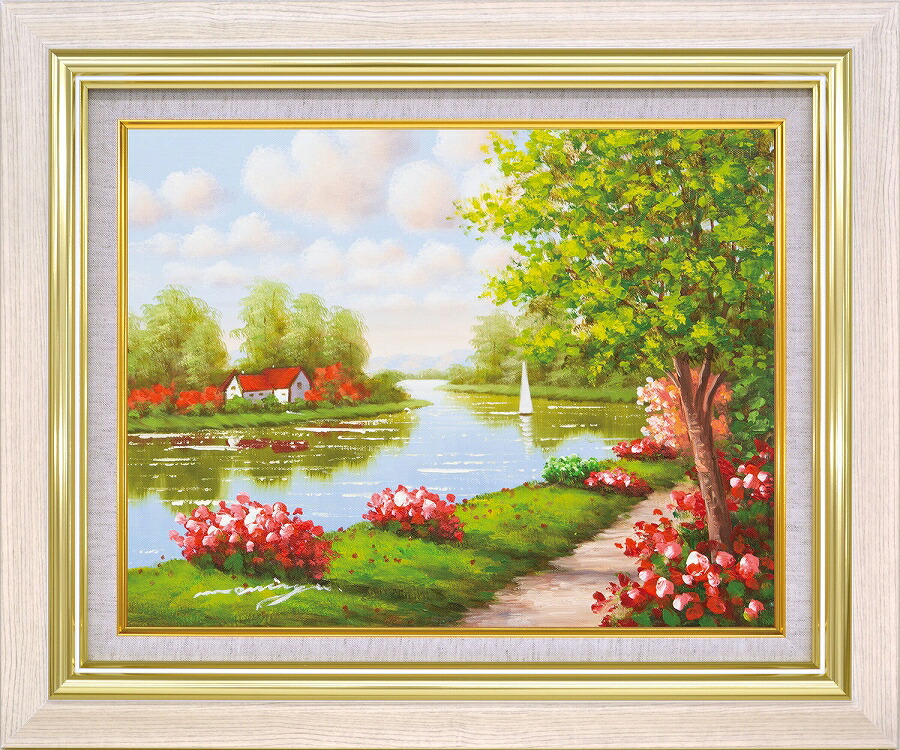 日本の名画 セレクトアート 額装油絵 肉筆絵画 モリンガ 「花畑に彩られて1」8116 F10 F6 アイボリー