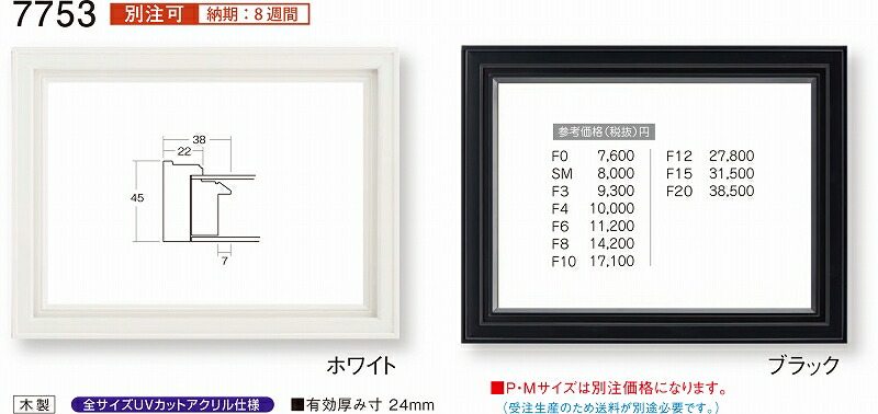 額縁 油絵額縁 油彩額縁 額装フレーム UVカットアクリル仕様 7753 M4 ～ M20号 ホワイトブラック 7,300円～