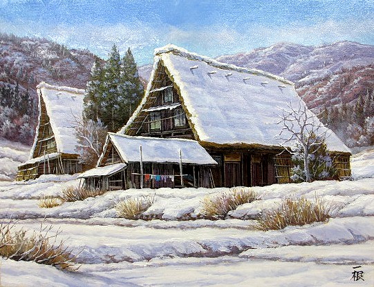 日本の名画 油絵 絵画 油彩画 洋画 (油絵額縁付きで納品対応可) SM ～ F20 「 「雪の白川郷」 猿渡 一根 19,430円～