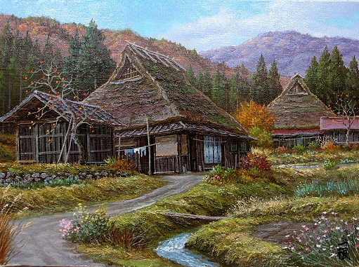 真筆証明書付き【猿渡一根/晩秋京都美山/風景画】 油彩画 F10 金色フレーム 絵画 油絵 晩秋の里 京都美山 （猿渡一根） 送料無料 【海・山