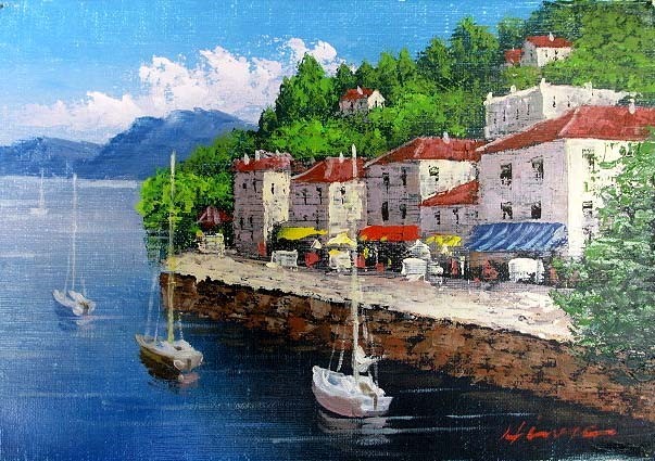 手書き油絵 ヨットハーバー 額付 絵画 インテリア 油彩画 手書き油絵 ヨットハーバー 額付 絵画 インテリア 油彩画 手書き油絵