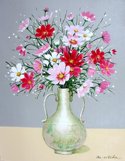 日本の名画 絵画 油絵 油彩画 洋画 (油絵額縁付きで納品対応可) F4 ～ F6 「秋桜」 千賀 節子 14,150円～