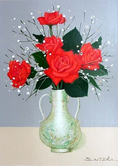 日本の名画 絵画 油絵 油彩画 洋画 (油絵額縁付きで納品対応可) F4 ～ F6 「赤薔薇」 千賀 節子 14,150円～