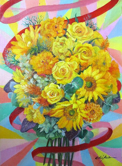 絵画 油彩画 洋画 油絵 (油絵額縁付きで納品対応可) F4 ～ F6 「黄色いバラとリボン 縦」 内藤 千嘉 13,620円～