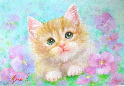 【なつ】猫　油絵69 猫絵画子猫イラスト水彩色鉛筆油彩色鉛筆原画ハチワレ猫ちゃん