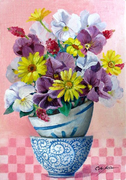 絵画 油彩画 洋画 油絵 (油絵額縁付きで納品対応可) SM ~ F6 「器とパンジー」 内藤 千嘉 13,620円~|絵画 掛軸 額縁屋 TOUO