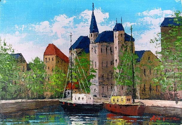 油絵・油彩画『月夜のオンフルール港』 東 弘孝 『月夜のオンフルール港』 油彩画 - 北海道画廊