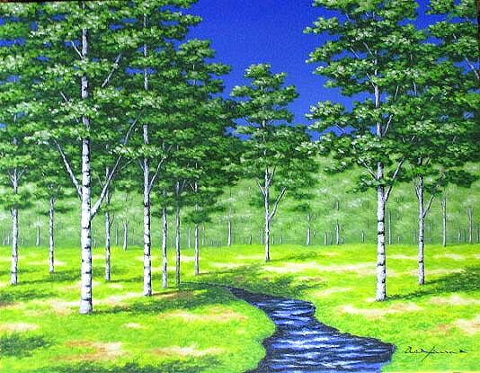 日本の名画 油絵 絵画 油彩画 洋画 (油絵額縁付きで納品対応可) SM ～ F10 「白樺」 朝隈 敏彦 14,670円～