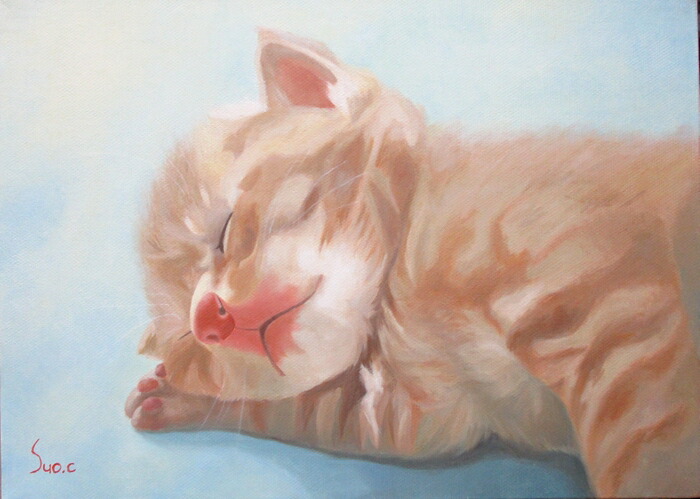 日本の名画 絵画 油彩画 油絵 洋画 (油絵額縁付きで納品対応可) F4 ~ F6 「仔猫 おひるね」 周防 知秋 14,670円~