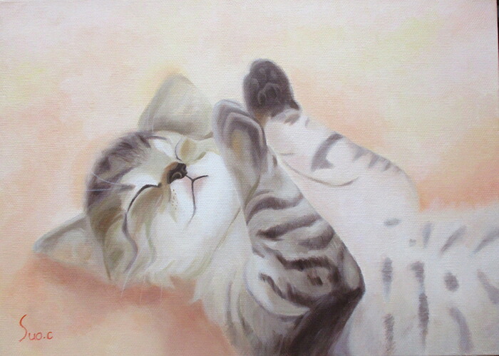 日本の名画 絵画 油彩画 油絵 洋画 (油絵額縁付きで納品対応可) SM ~ F6 「仔猫 ゆめごごち」 周防 知秋 14,670円~