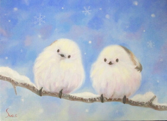 「一石二鳥」　シマエナガ　油絵　ミニ絵画　原画 シマエナガ 北海道 油絵 ミニ絵画 原画 手描き オリジナル