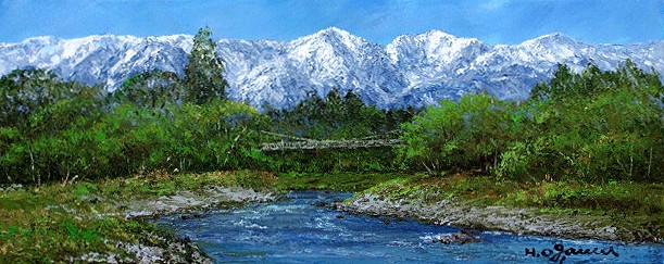 日本の名画 油絵 絵画 油彩画 洋画 (油絵額縁付きで納品対応可) WF3 「白馬連峰と姫川」 小川 久雄 14,150円～