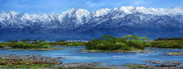 日本の名画 油絵 絵画 油彩画 洋画 (油絵額縁付きで納品対応可) WF6 「立山連峰と神通川」 小川 久雄 14,150円～