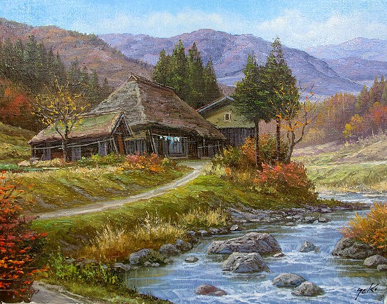 sale【ART】関健造真筆(山村清流)サムホール 関健造 山村の清流