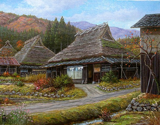 【真作】絵画　猿渡一根　油彩4号　奥信濃早春　日本の原風景　郷愁の風景　X34 楽天市場】猿渡一根 「 晩秋 白川郷 」 油絵 ・ 油彩画 F6 ( 6号