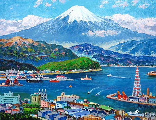 日本の名画 絵画 油絵 油彩画 洋画 (油絵額縁付きで納品対応可) P15 ～ P20 「清水港より富士」 半澤 国雄 16,790円～