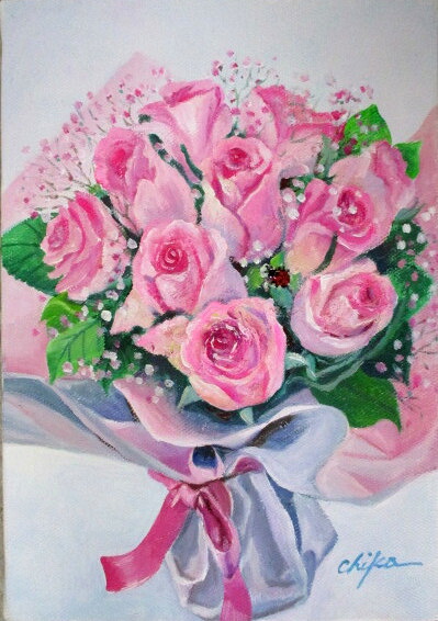 絵画 油彩画 洋画 油絵 (油絵額縁付きで納品対応可) F4 ～ F6 「ピンクのバラのブーケ」 内藤 千嘉 13,620円～ 10,079円
