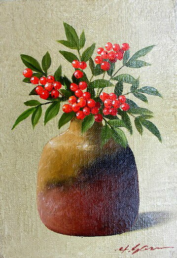 「真作」安田英明「椿」静物画　油彩画　額装　サイン有り　F4号 安田英明 『椿』 油絵・油彩画 SM(サムホール) 絵画 洋画 冬 春