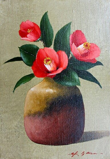 【真作】絵画　安田英明　油彩3号　椿　優雅な花と金彩の調和　花の画家　X115 真作】絵画 安田英明 油彩3号 椿 優雅な花と金彩の調和 花の画家