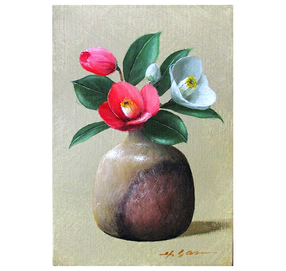 【真作】絵画　安田英明　油彩3号　椿　優雅な花と金彩の調和　花の画家　X115 真作】絵画 安田英明 油彩3号 椿 優雅な花と金彩の調和