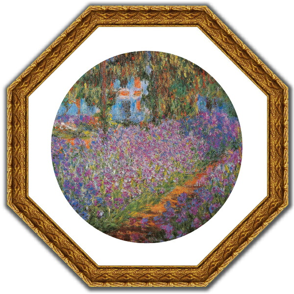 絵画 アートフレーム付き 開運風水 八角額縁 複製名画 モネ「アイリスのモネの庭」ゴールド 額装品 -新品