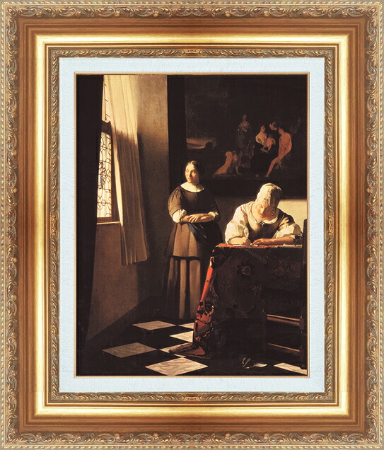 世界の名画 絵画 額縁付き 複製名画 世界の名画シリーズ ヨハネス・フェルメール 「 手紙を書く女性と召使い 」 サイズ SM ~ 10号|絵画 掛軸 額縁屋 TOUO