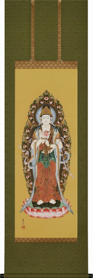 日本の掛け軸全種掲載 掛け軸 「聖観音」 林翠光(特殊工芸作品) 尺五立 桐箱収納 kai-9-b5969