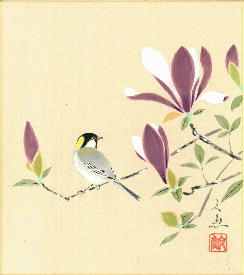 絵画 色紙（春）中谷 文魚作画「木蓮」 色紙寸法24.2X27.2cm｜絵画 掛軸 額縁屋 ＴＯＵＯ