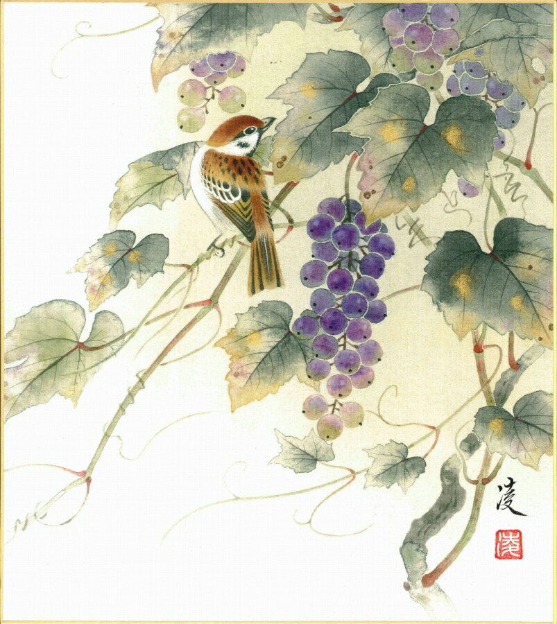 絵画 色紙（夏）中村 凌作画「葡萄」 色紙寸法24.2X27.2cm