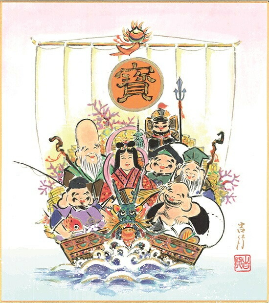 【真作】原画　手描き　七福神　宝船　色紙　日本画　掛け軸 真作】原画 手描き 七福神 宝船 色紙 日本画 掛け軸 - メルカリ