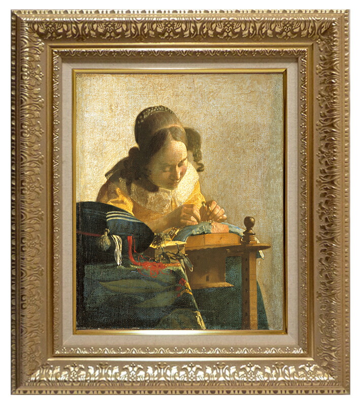 世界の名画 絵画 複製名画 額縁付(MJ108N-G) フェルメール 「レースを編む女」 3号 ～ お買い得サイズ：F3号 F6号