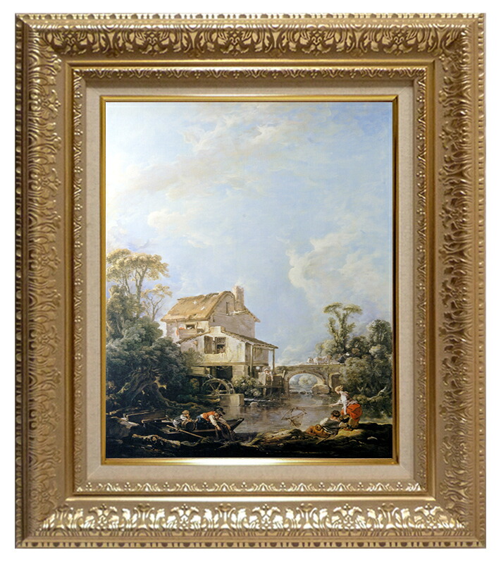 絵画 世界の名画 複製画 額縁付 (MJ108N-G) フランソワ・ブーシェ 「幸福な釣り人」 3号 ~ お買い得サイズ:P10号|絵画 掛軸 額縁屋 TOUO