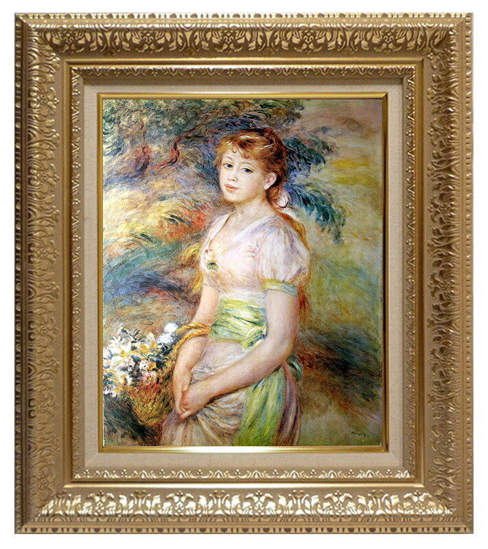 絵画 世界の名画 複製画 額縁付 (MJ108N-G) ピエール・オーギュスト・ルノワール 「花籠を持った少女」 3号 ~ お買い得サイズ:F15号|絵画 掛軸 額縁屋 TOUO