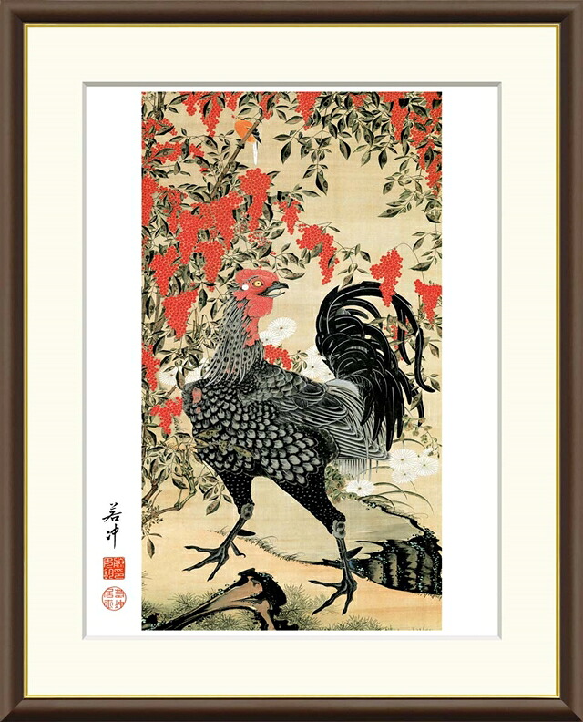 絵画 高精細デジタル版画 額装絵画 日本の名画シリーズ 伊藤若冲 (いとう じゃくちゅう) 「 南天雄鶏図 」 サイズ F4 F6 F8号