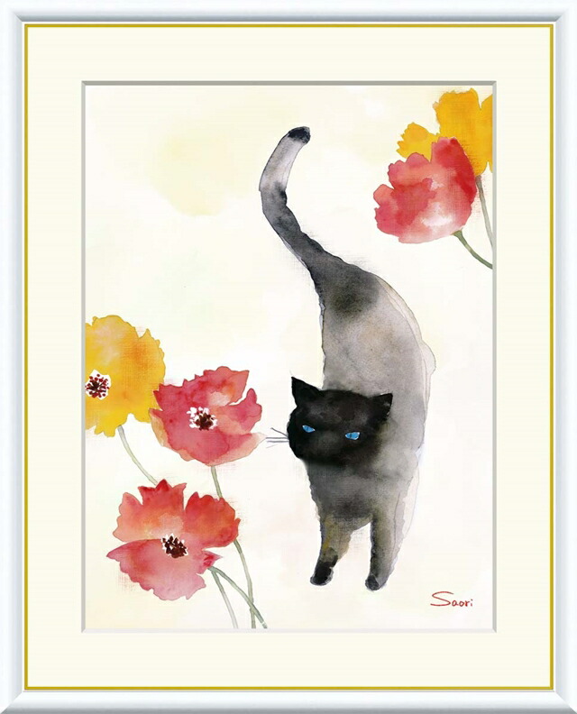 絵画 高精細デジタル版画 額装絵画 現代アートシリーズ Saori 彩りの世界 榎本 早織 (えのもと さおり) 「 カーネーションと黒猫 」 サイズ F4 F6 F8号｜絵画 掛軸 額縁屋 ＴＯＵＯ